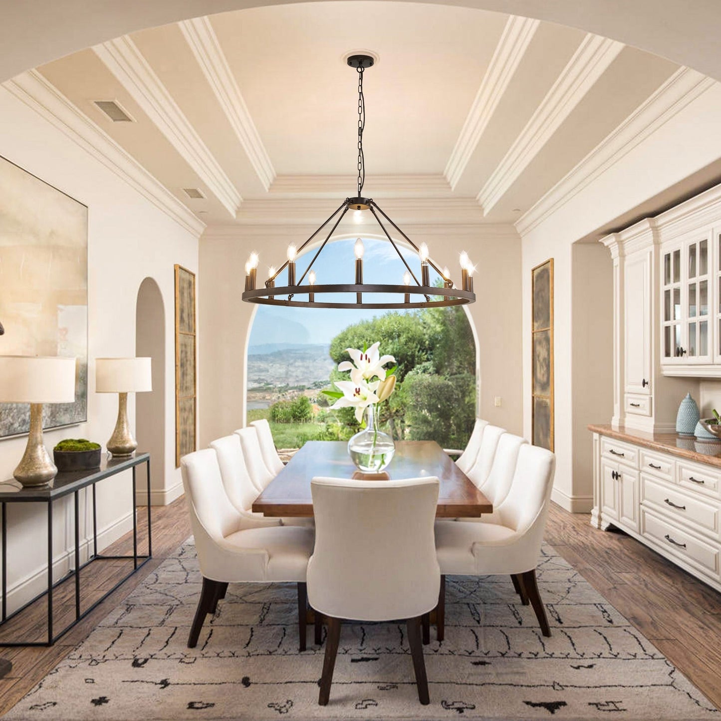 Lustre rond à 24 lumières en forme de roue de chariot de 54 pouces