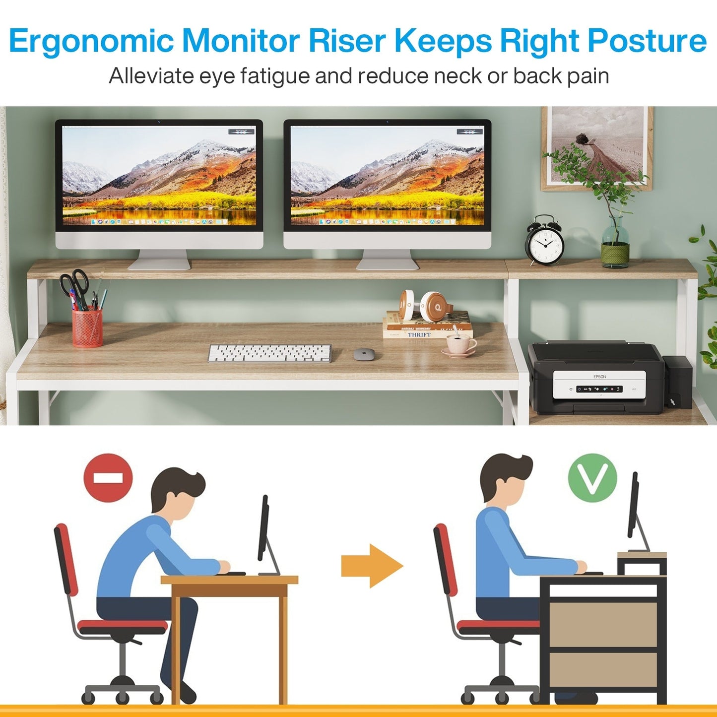 Bureau d'ordinateur 63 avec support d'écran, bureaux ergonomiques pour la maison avec tiroirs et classeur