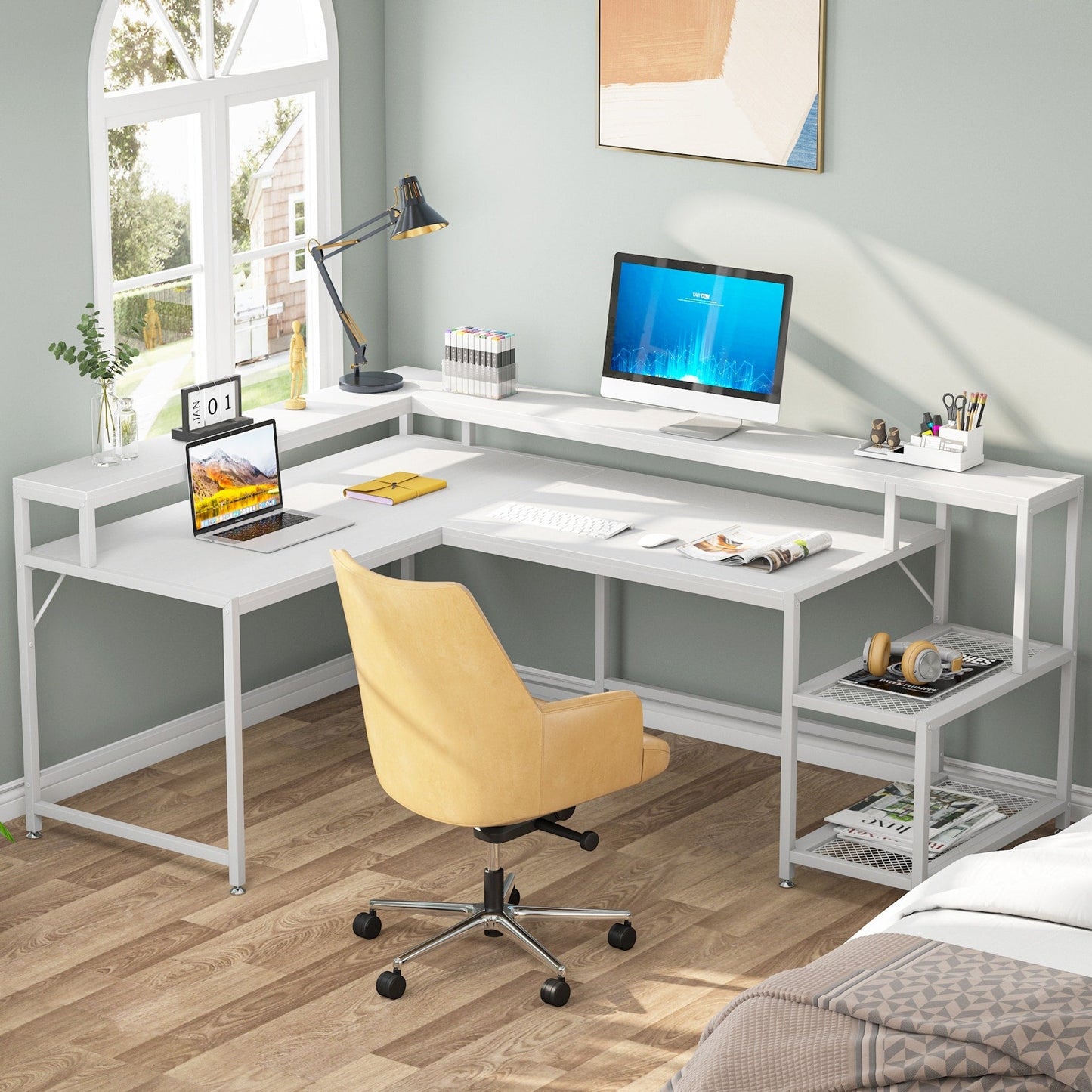 Bureau en L avec étagère pour écran, bureau d'angle réversible pour bureau à domicile 69