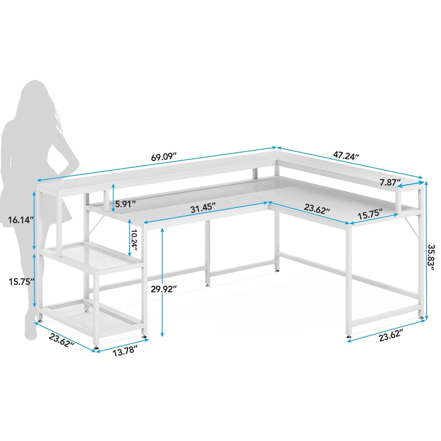 Bureau en L avec étagère pour écran, bureau d'angle réversible pour bureau à domicile 69