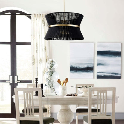 Lustre tambour bohème moderne à 8 lumières, grand format, 61 cm, en tissu tissé à la main, couleur or/noir, pour salle à manger/salon