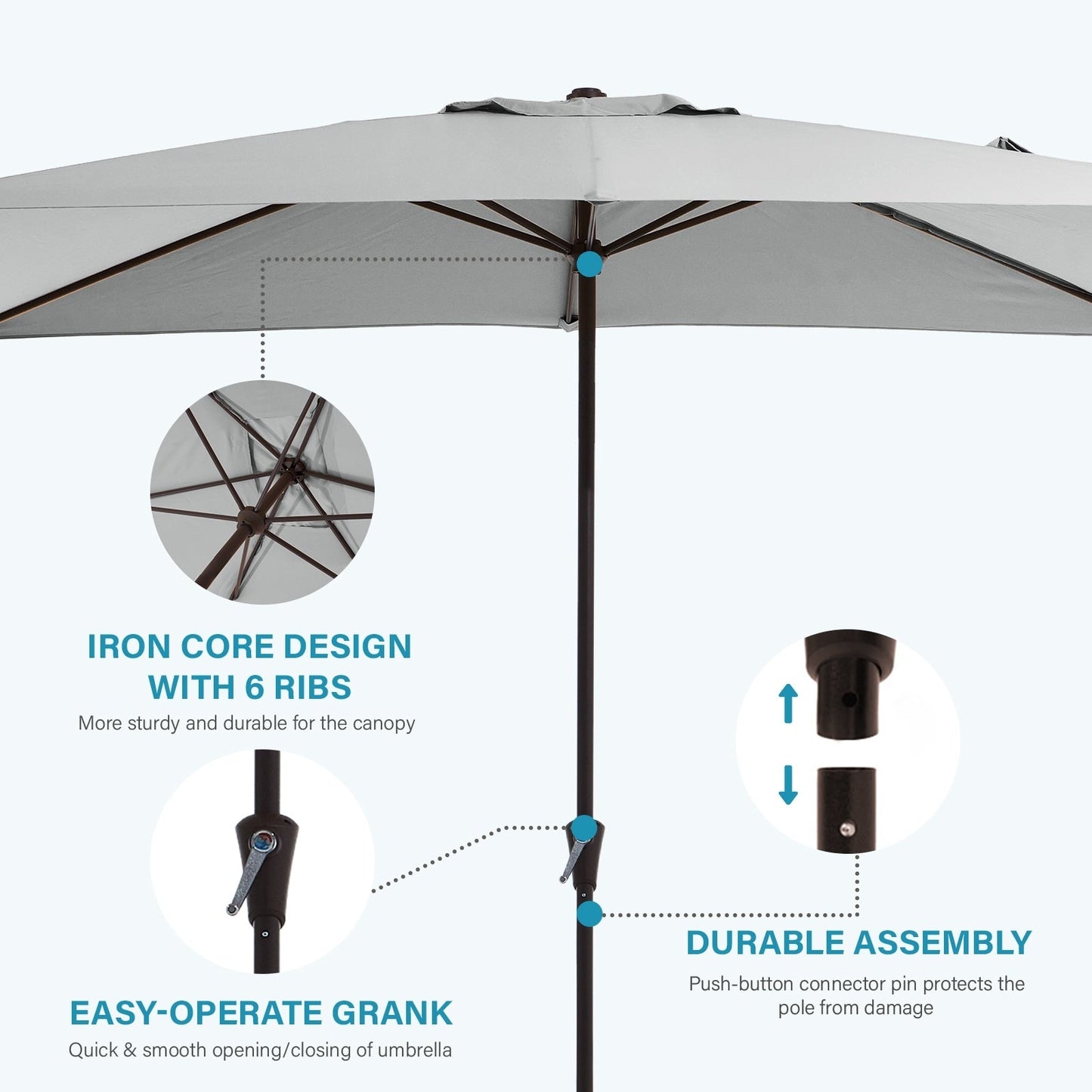 8*10ft Rectangular Patio Market Umbrella with Crank & Tilt，UV-Resistant