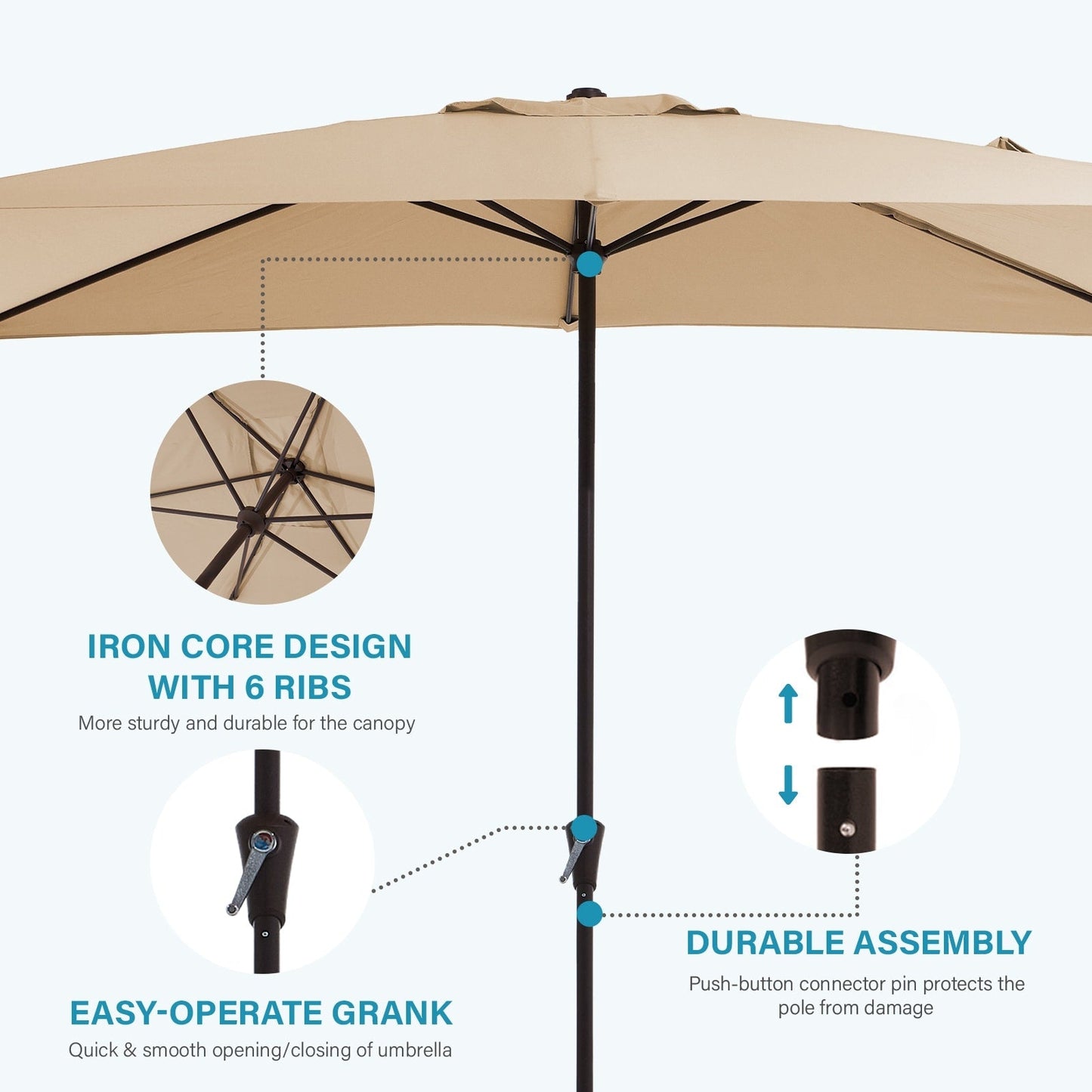 8*10ft Rectangular Patio Market Umbrella with Crank & Tilt，UV-Resistant