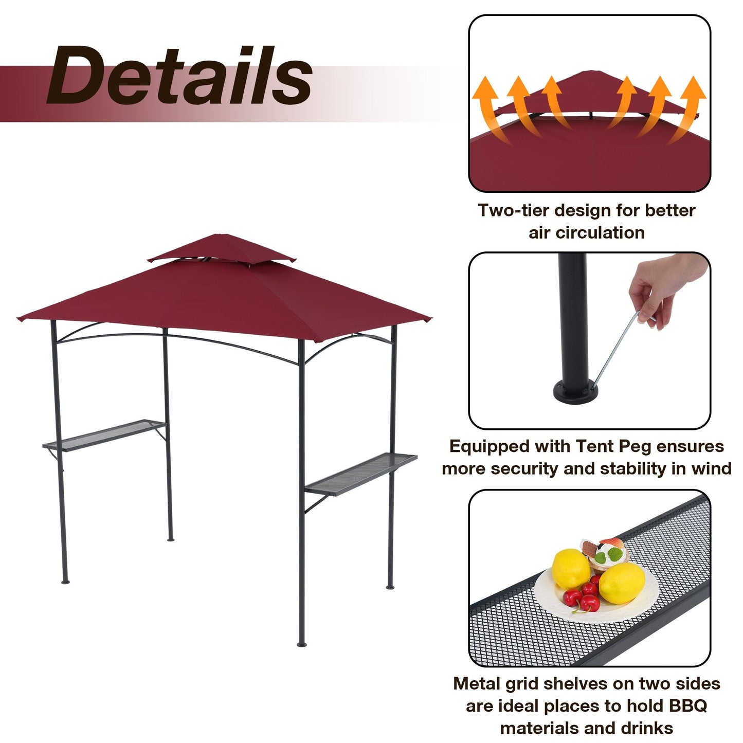 8' x 5' Outdoor Rainproof Grill Gazebo With Double Layer Vented Design