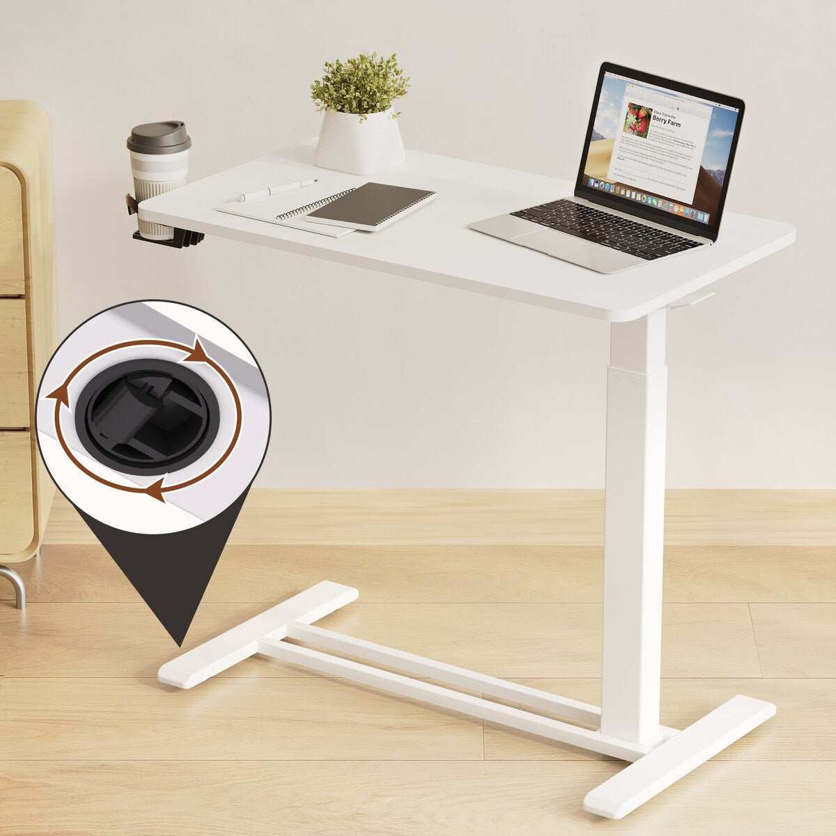 FunniHomi 28/32 Movable Overbed Table Height Adjustable Computer Desk with Wheels, White/Black Laptop Table for Bed and Sofa