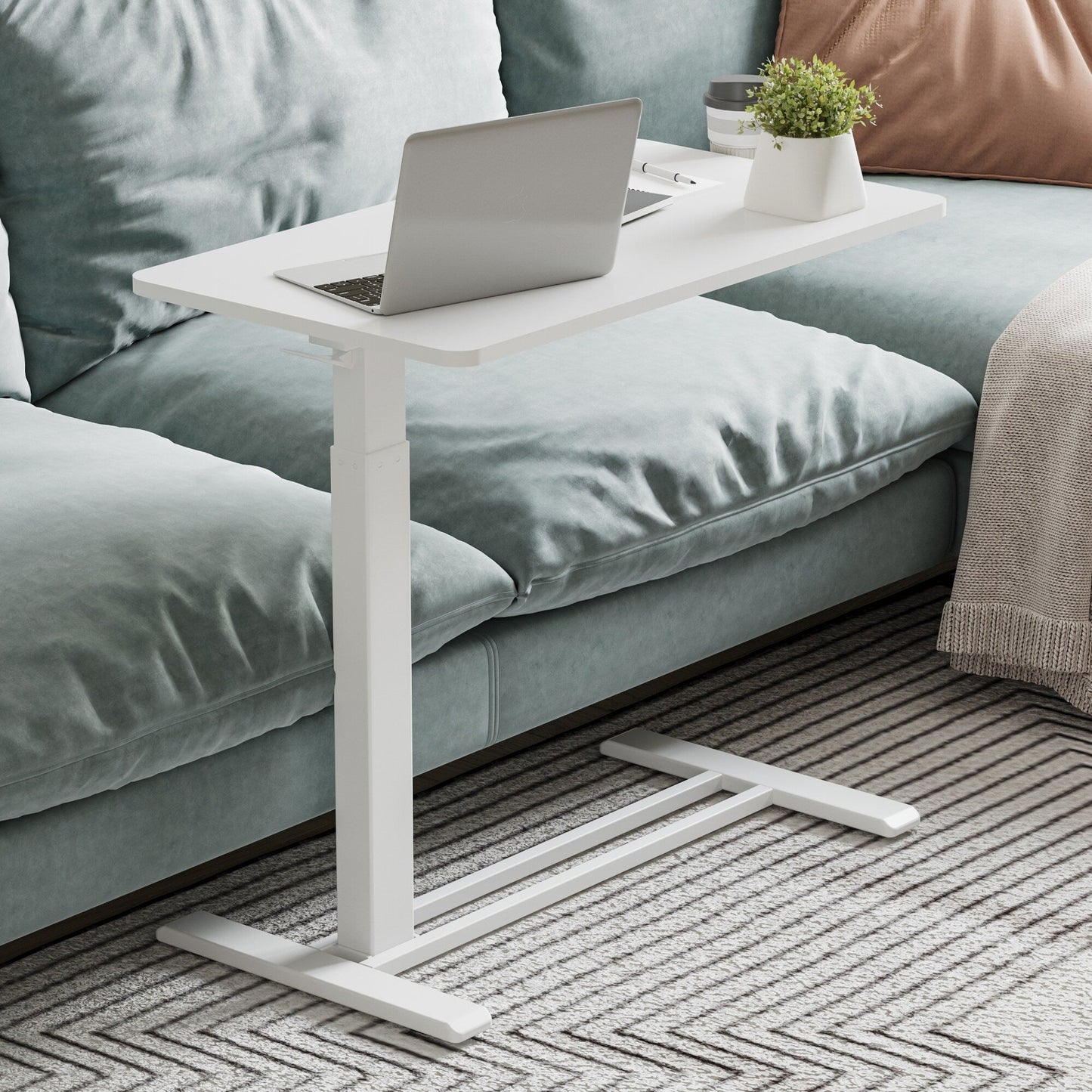 FunniHomi 28/32 Movable Overbed Table Height Adjustable Computer Desk with Wheels, White/Black Laptop Table for Bed and Sofa