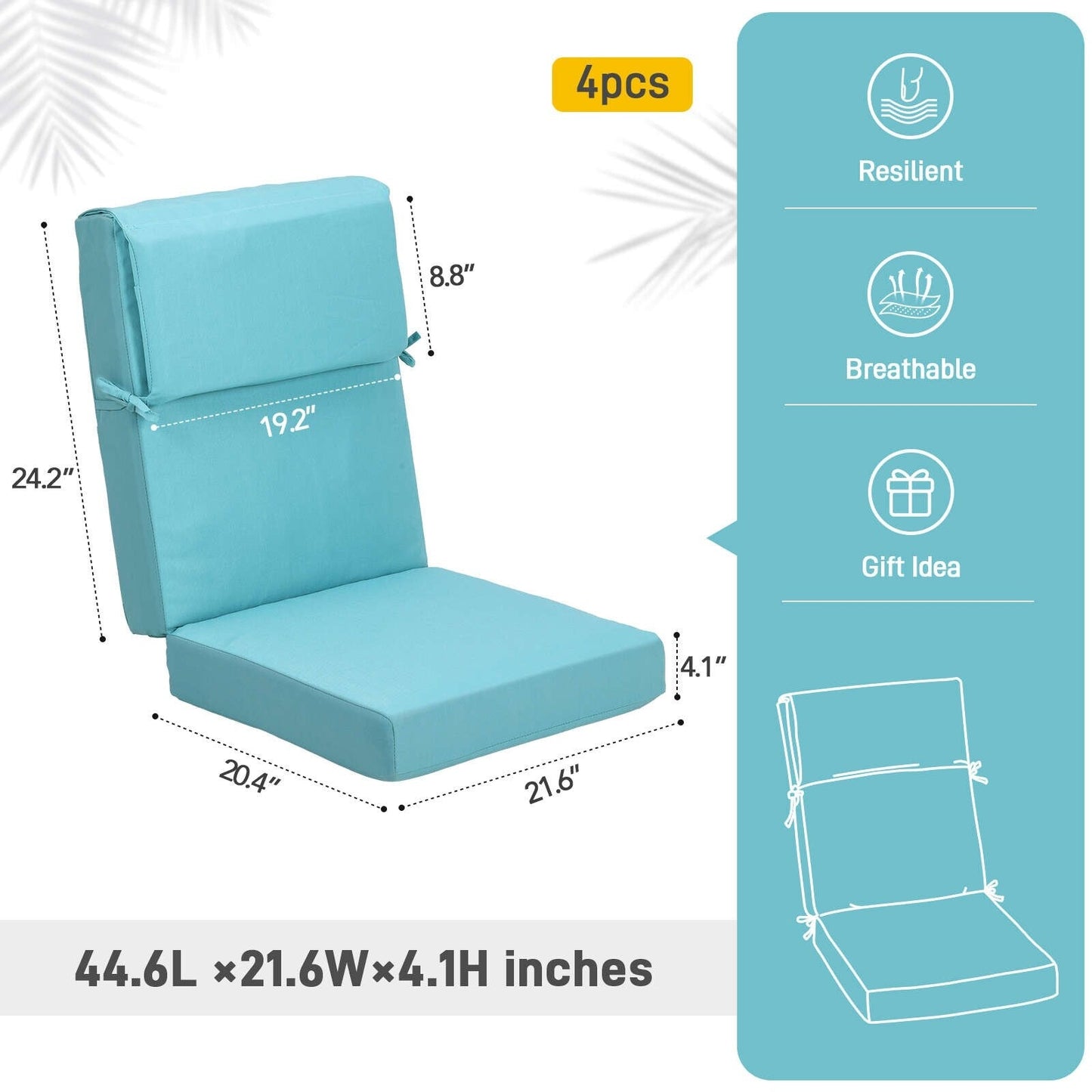 Lot de 4 coussins de chaise à dossier haut Aoodor Patio, 46 ​​x 21 x 4 pouces (coussins uniquement)