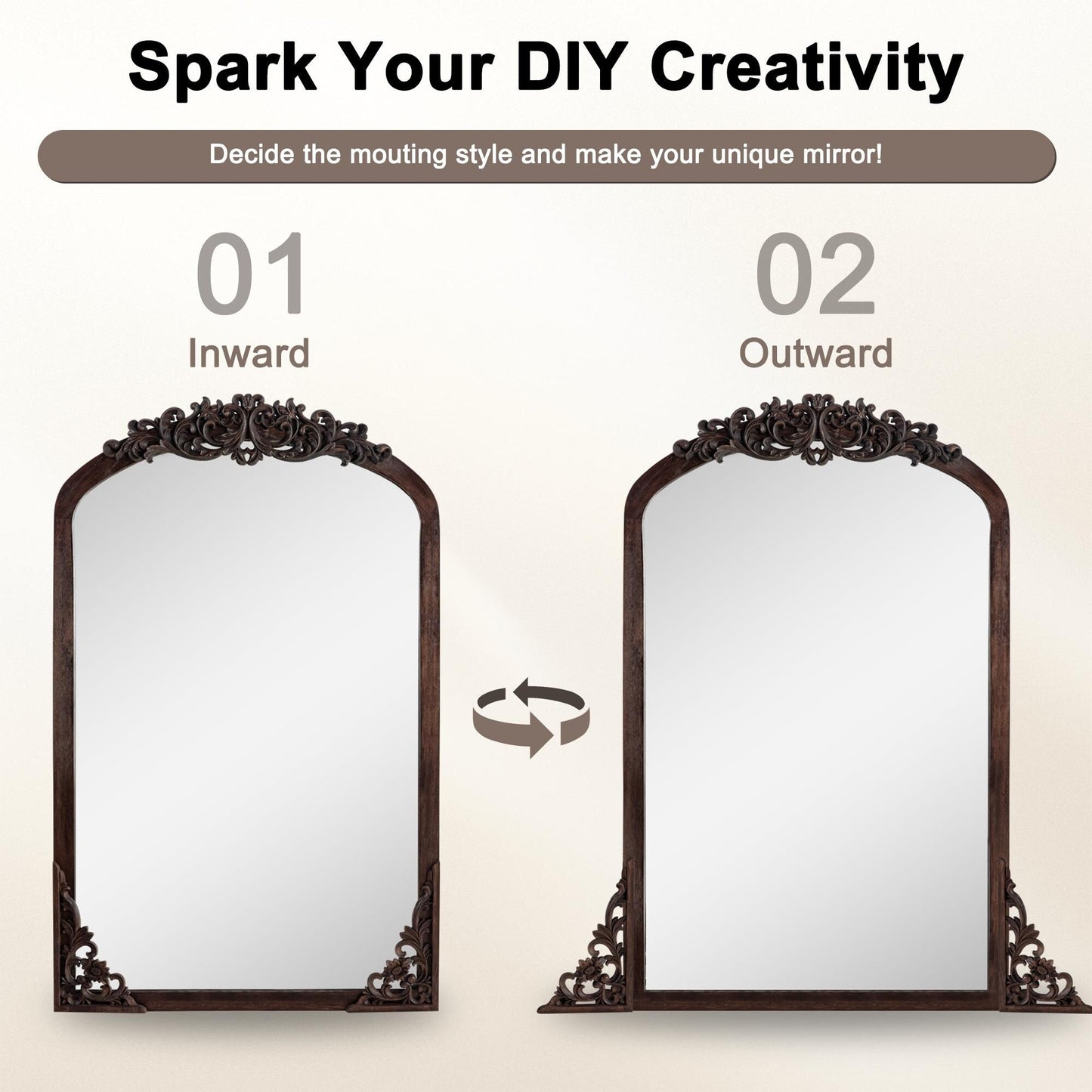 Miroir de sol sculpté en bois massif de forme arquée sur toute la longueur