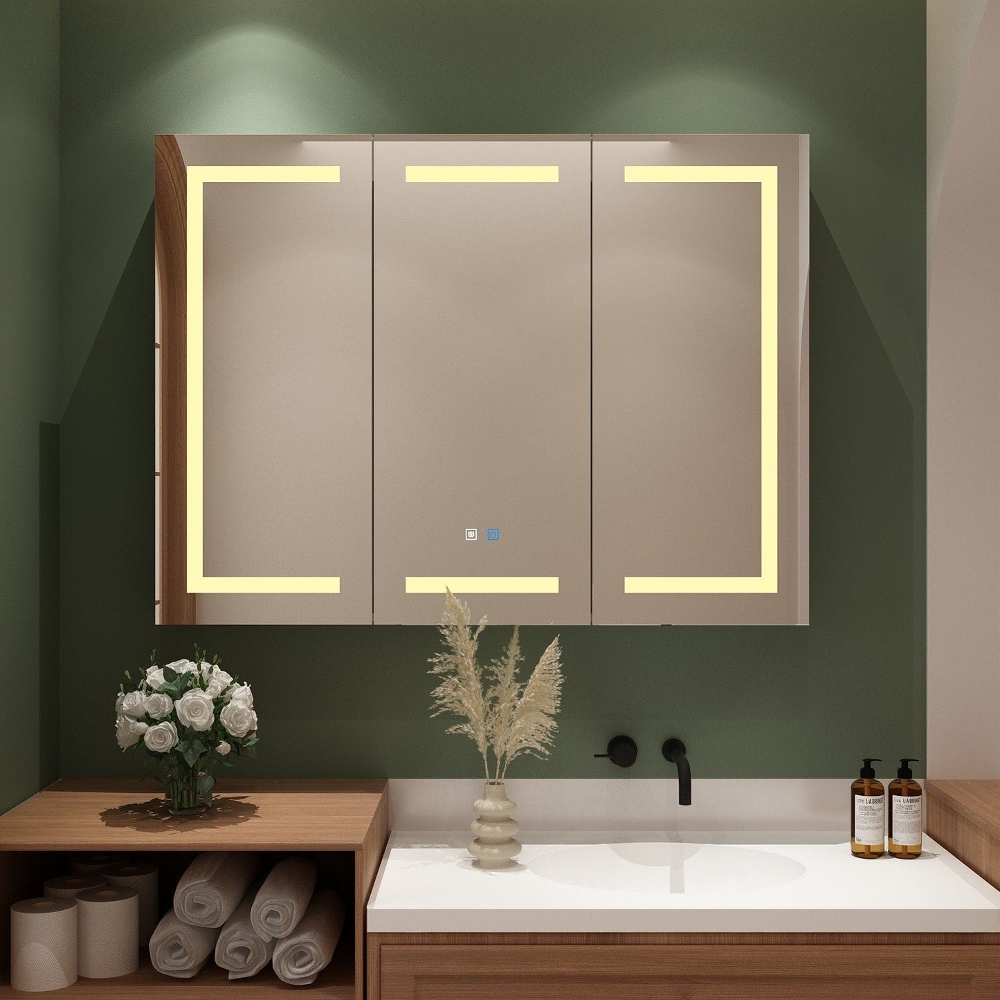 Armoire à pharmacie de salle de bain avec miroir LED antibuée 6 000 K, armoire murale blanche