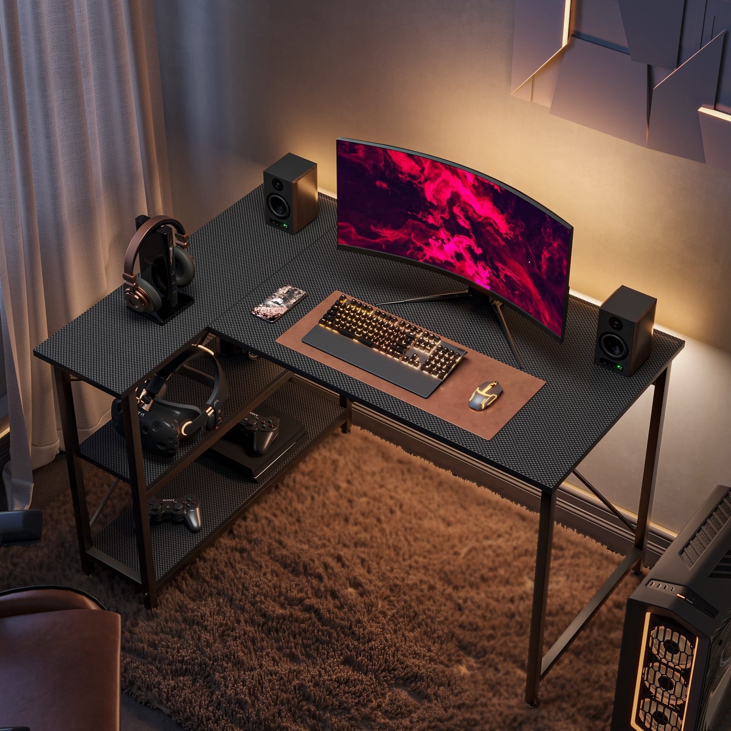 Petit bureau en L avec étagères de rangement Bureau d'ordinateur d'angle