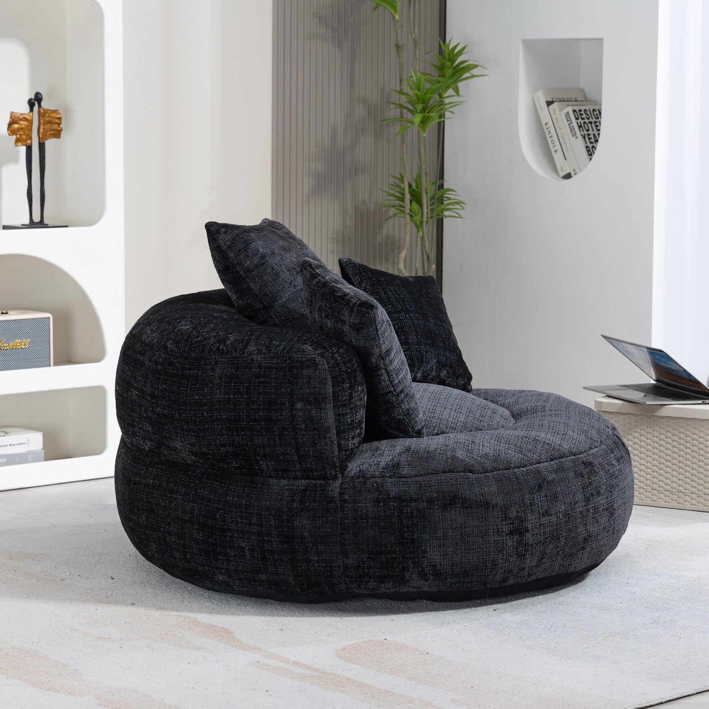 Pouf simple surdimensionné en chenille noir de 42,52 pouces avec trois oreillers pour chambre à coucher