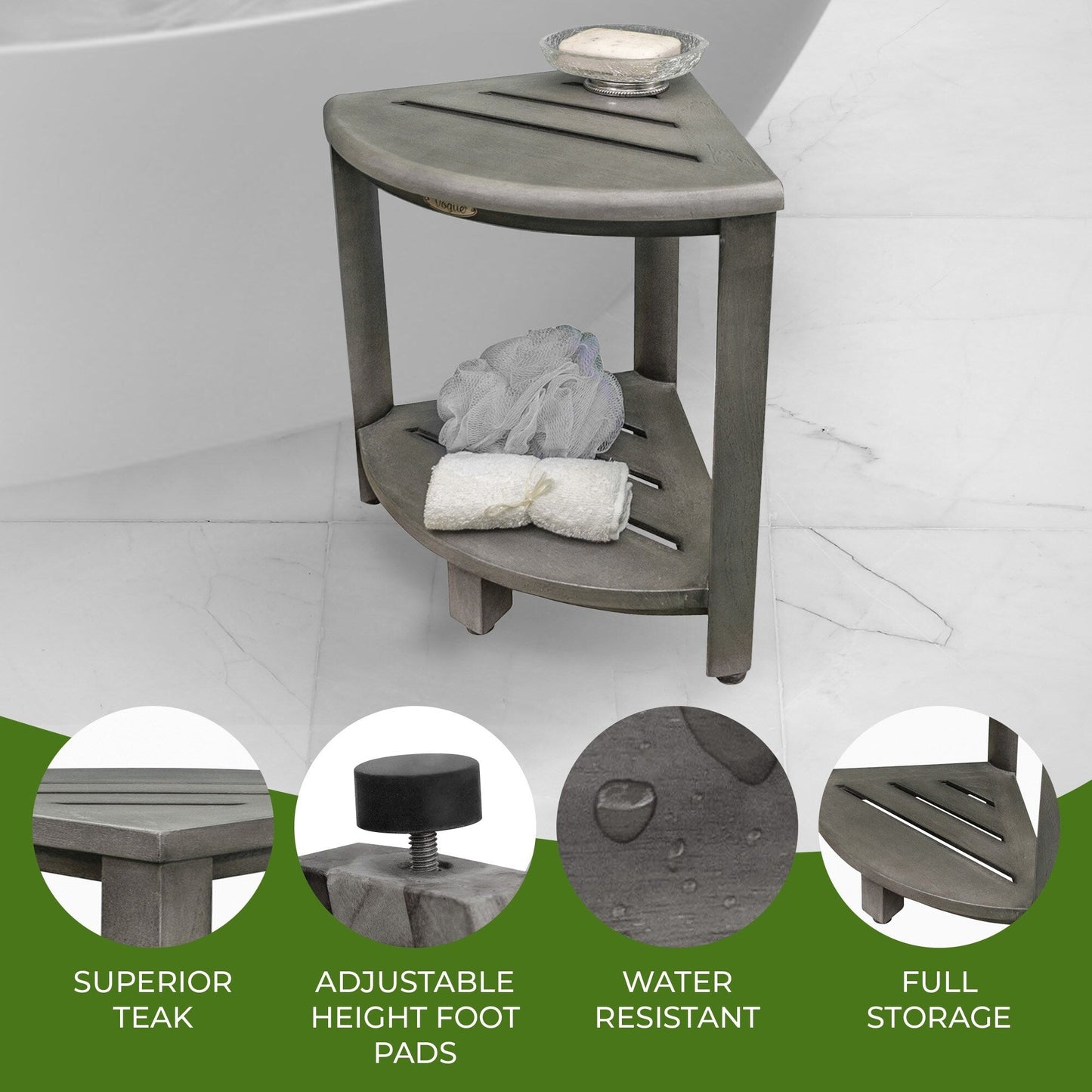 CoastalVogue, Étagère de douche d'angle en teck, Tabouret de douche pour se raser les jambes, Repose-pieds de douche, Tabouret de douche en teck, Tabouret de douche d'angle