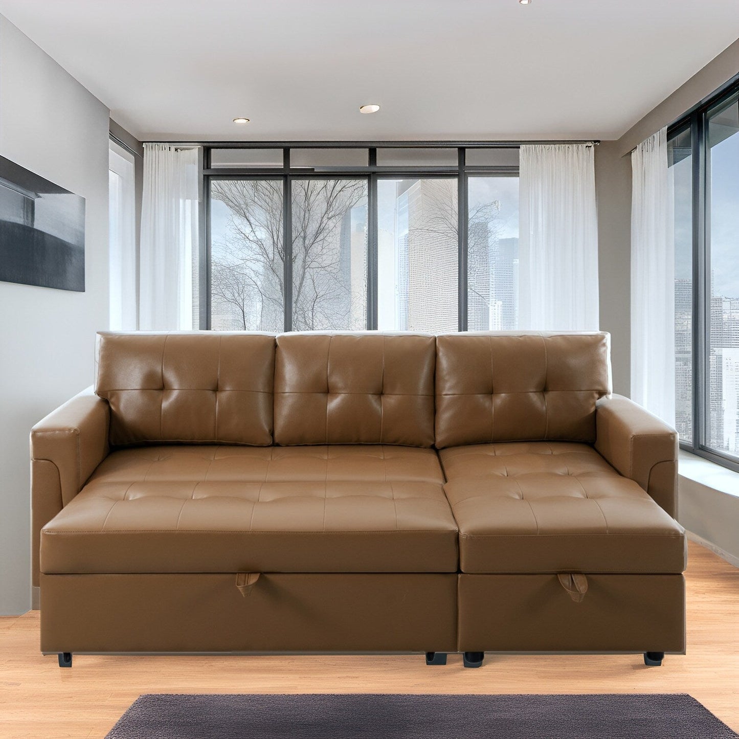 Canapé sectionnel convertible réversible avec lit gigogne, méridienne avec rangement dissimulé et pieds robustes