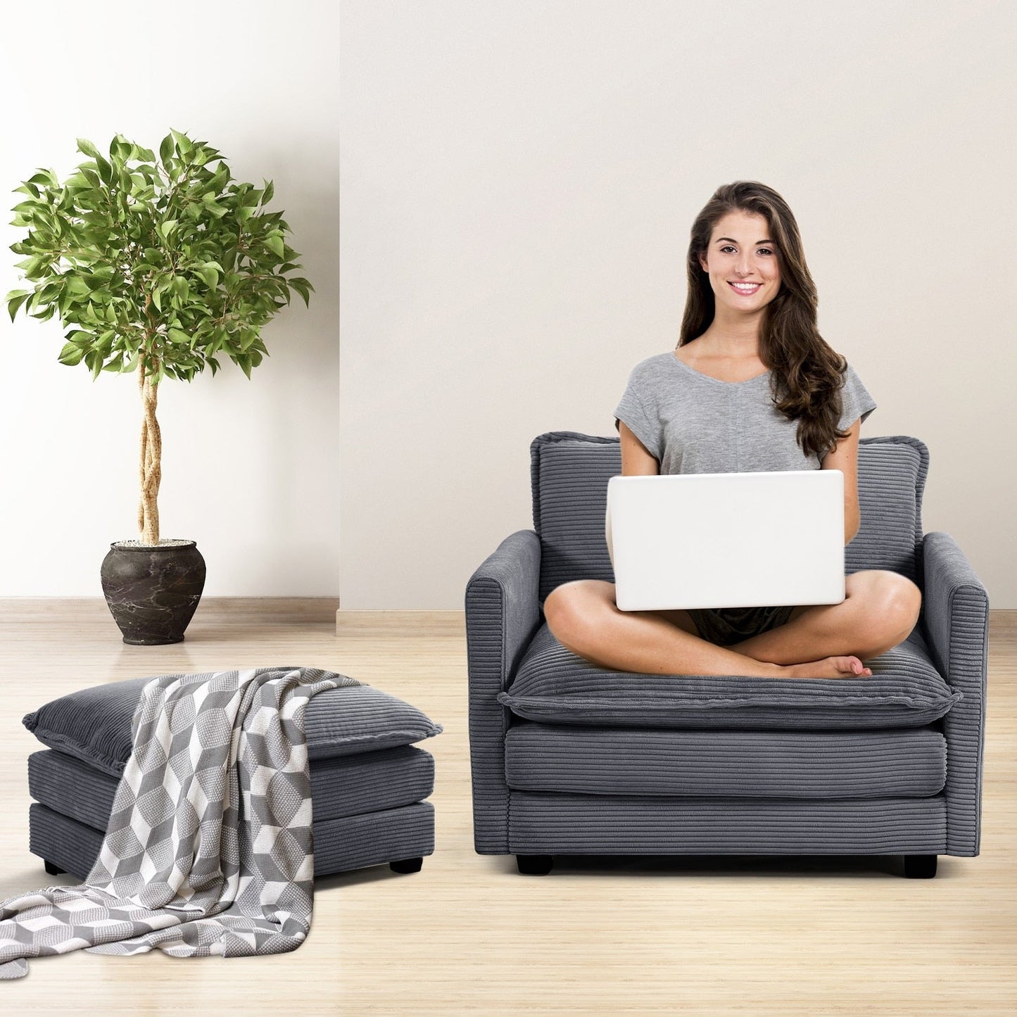 Canapé sectionnel en velours côtelé avec poufs amovibles et coussins ultra-doux pour salon et chambre