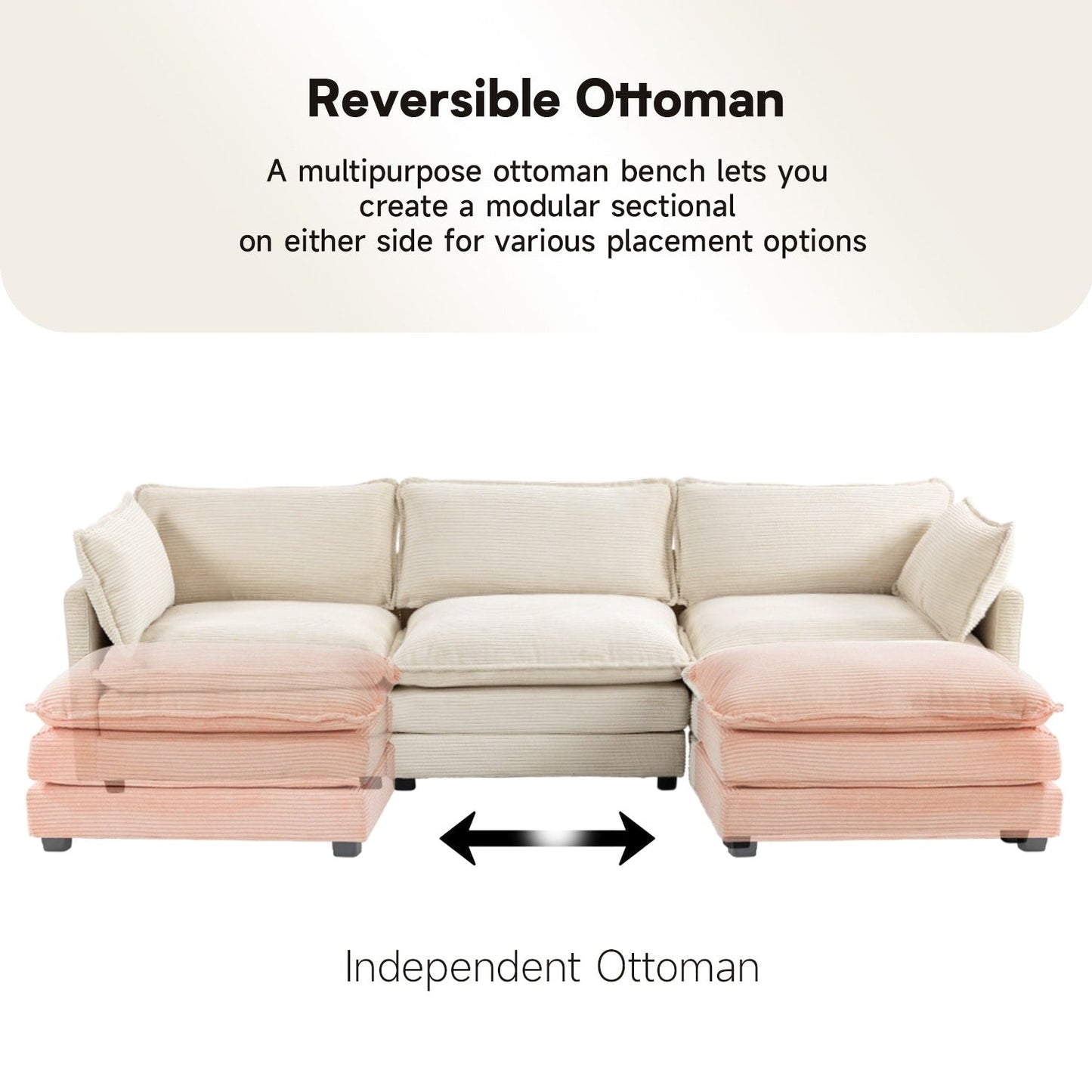 Canapé sectionnel en velours côtelé avec poufs amovibles et coussins ultra-doux pour salon et chambre