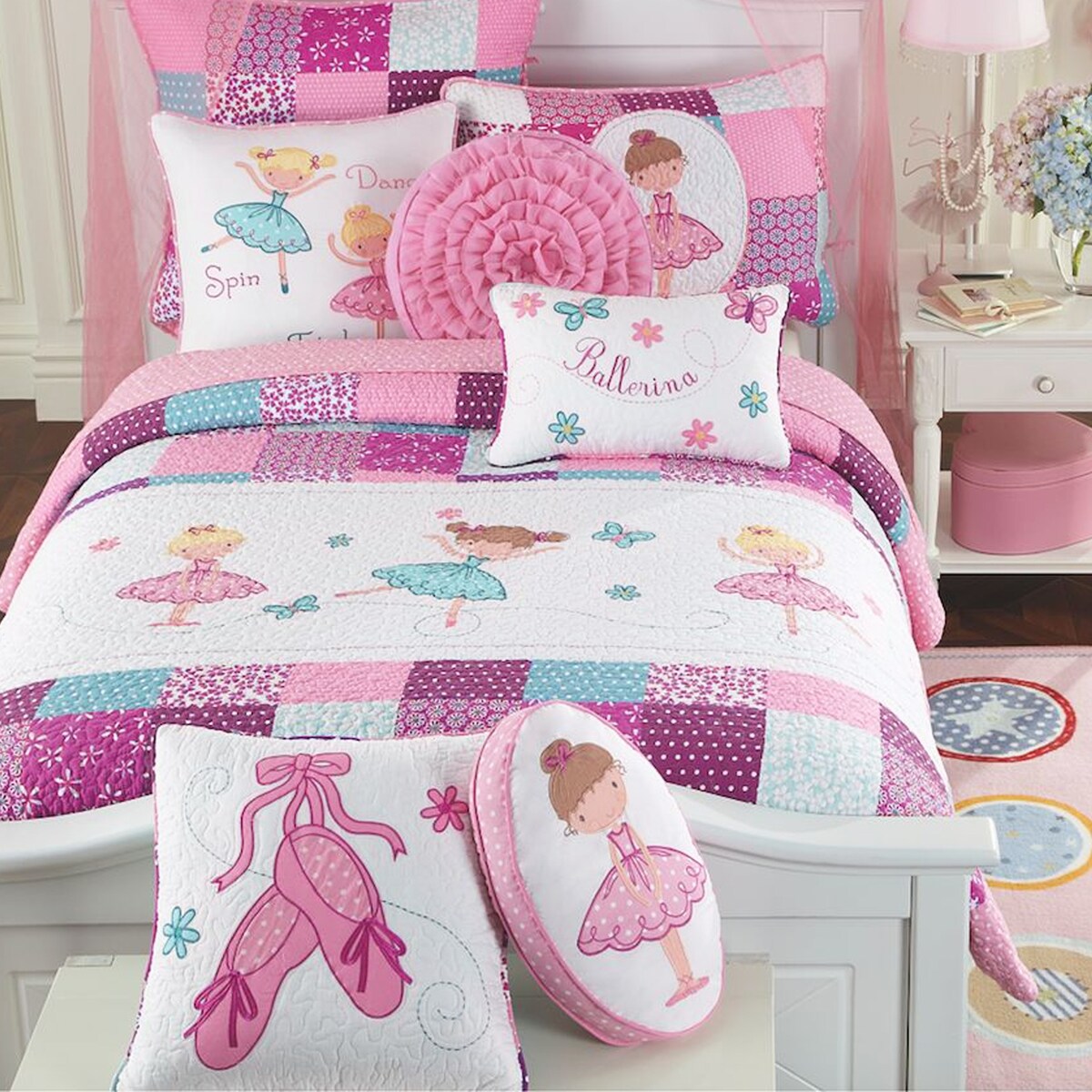 Parure de lit réversible en coton Cozy Line Ballerina Pink Girls avec oreillers décoratifs