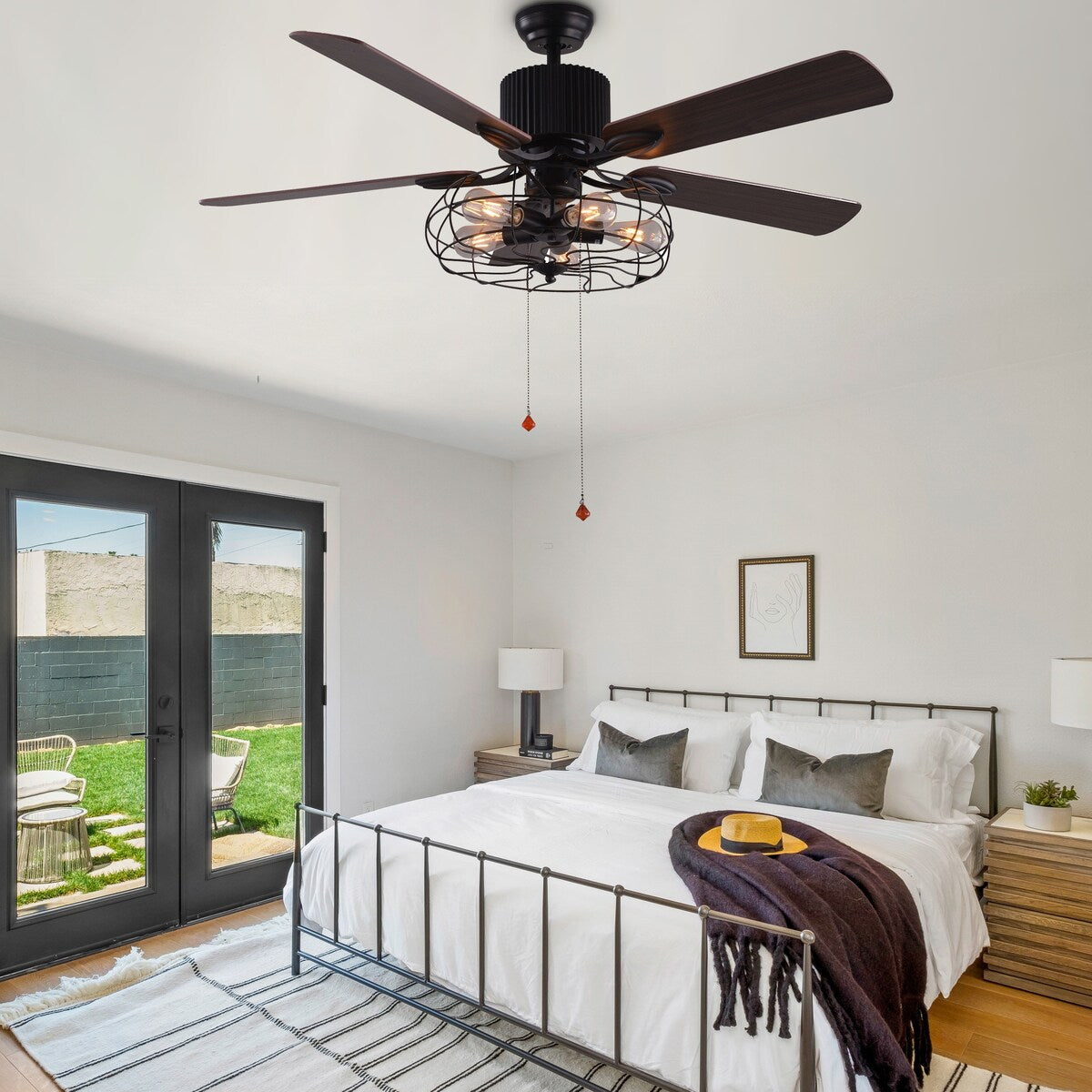 Ventilateur de plafond industriel CurveCurio Farmhouse noir à 5 lumières avec éclairage, télécommande et chaîne de traction 42-48-52 pouces