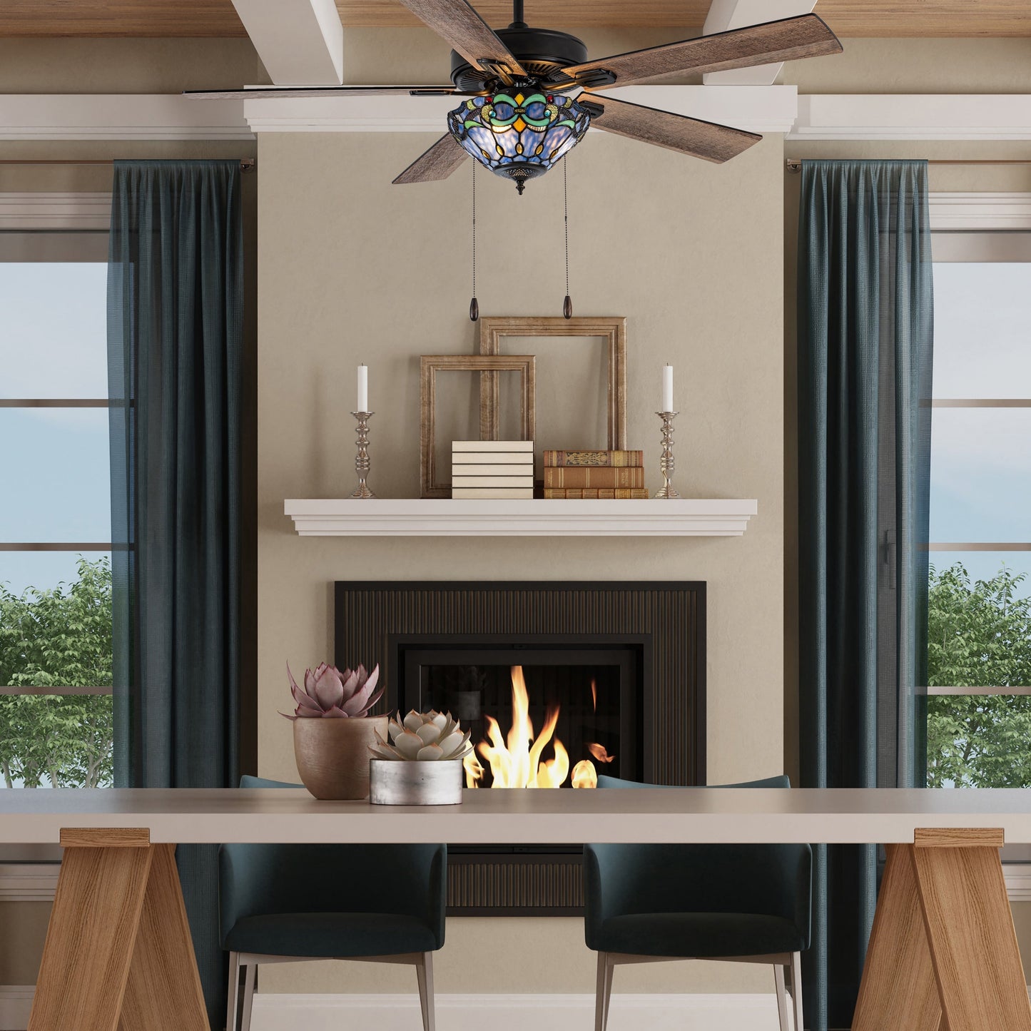 Ventilateur de plafond télécommandé à 3 lumières, 52 pouces, bronze huilé et vitrail, Della River of Goods