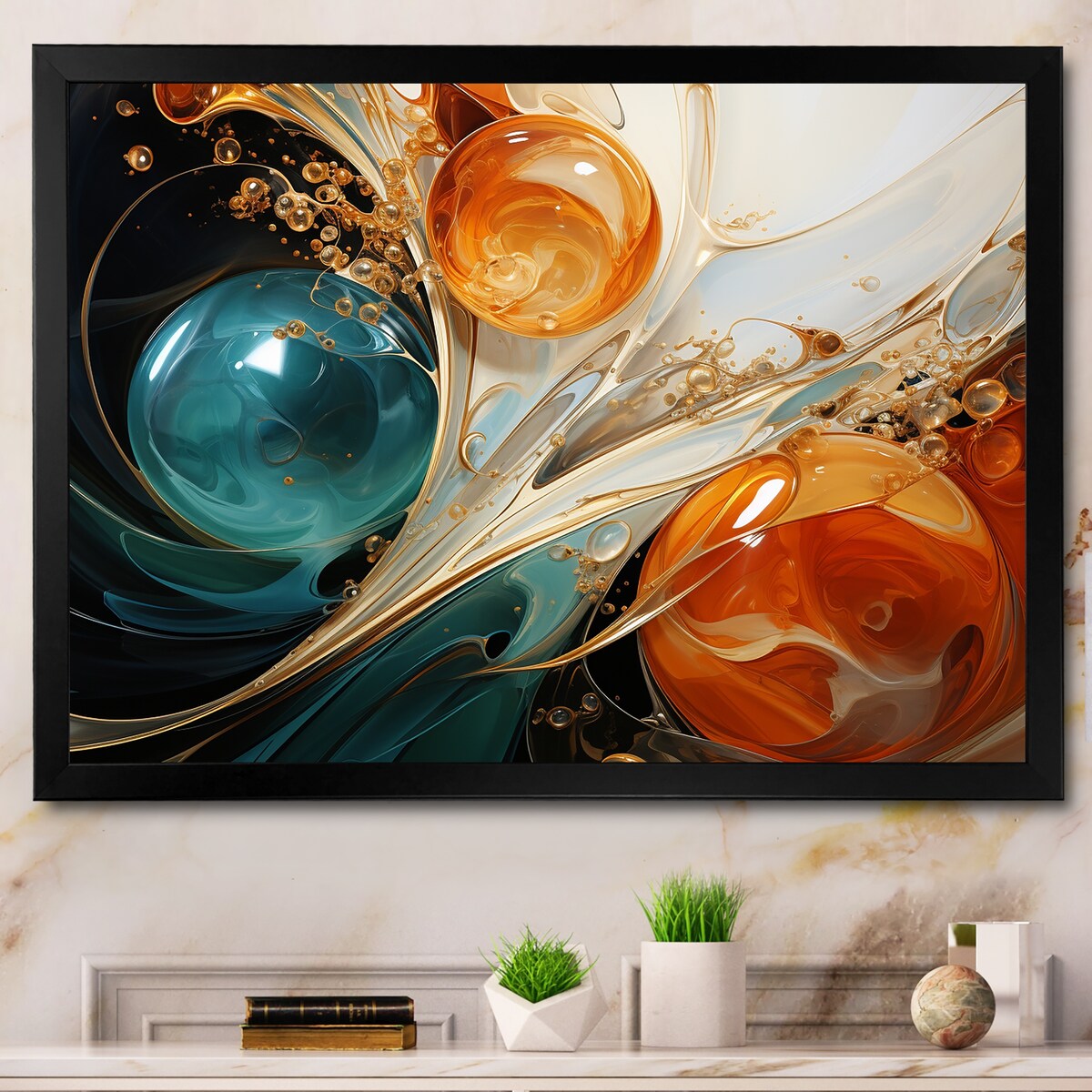 Designart White Blue And Orange Ink Storm III Abstract Painting Blue Wall Decor Modern Bedroom Framed Canvas Wall Art