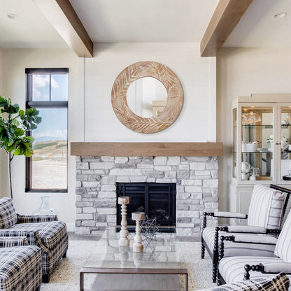 Miroir mural rond en bois sculpté de style ferme - 28 x 28