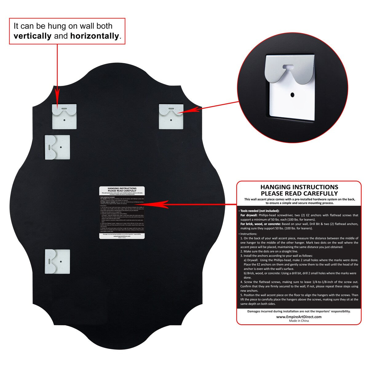 Miroir mural festonné élégant, oblong et biseauté, sans cadre