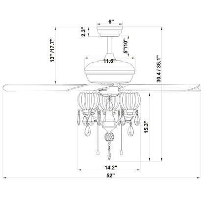 Ventilateur de plafond Garlow noir mat à 5 pales avec lustre en cristal et coupelles en forme de fleurs (télécommande incluse) - 52 pouces de diamètre
