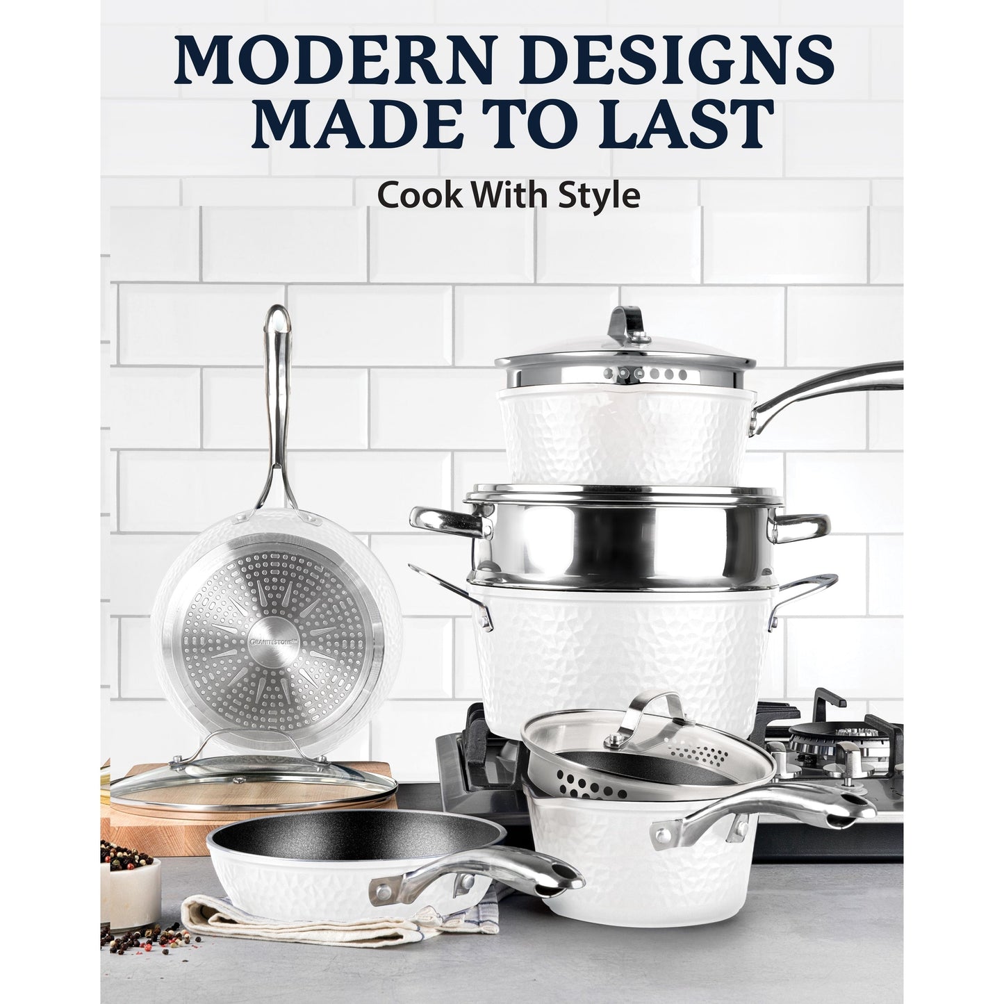 Batterie de cuisine antiadhésive martelée Granitestone Charleston 15 pièces