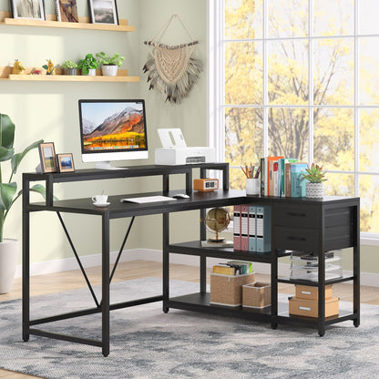Bureau en L avec tiroir, bureau d'angle avec étagères de rangement et support d'écran, bureau PC rustique pour petits espaces