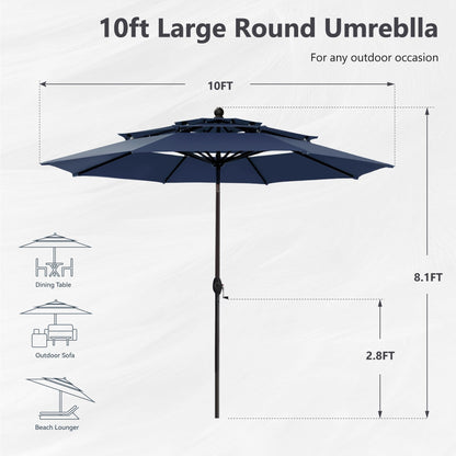 MAISON ARTS 10ft 3 Tiers Patio Outdoor Umbrella Matched with most Patio Table with Ventilation Auto-tilt and Crank Lift