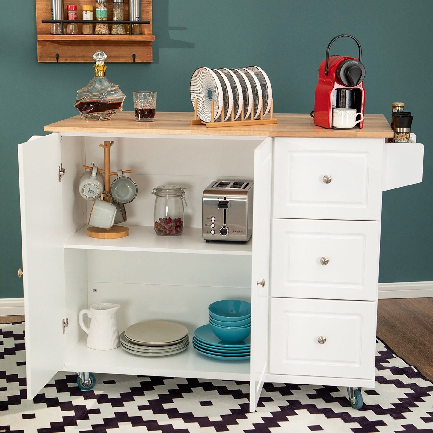 Desserte de cuisine Sophia &amp; William avec abattant et plateau en bois d'hévéa, desserte de cuisine roulante avec grand meuble de rangement