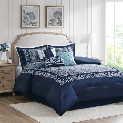 Madison Park Elaine Navy 7 Piece Jacquard Comforter Set