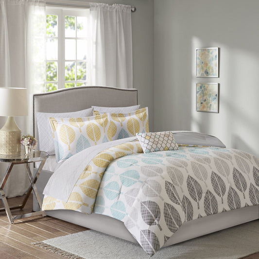 Madison Park Essentials Pelham Bay Yellow/Aqua 9 Piece Comforter Set with Cotton Bed Sheets