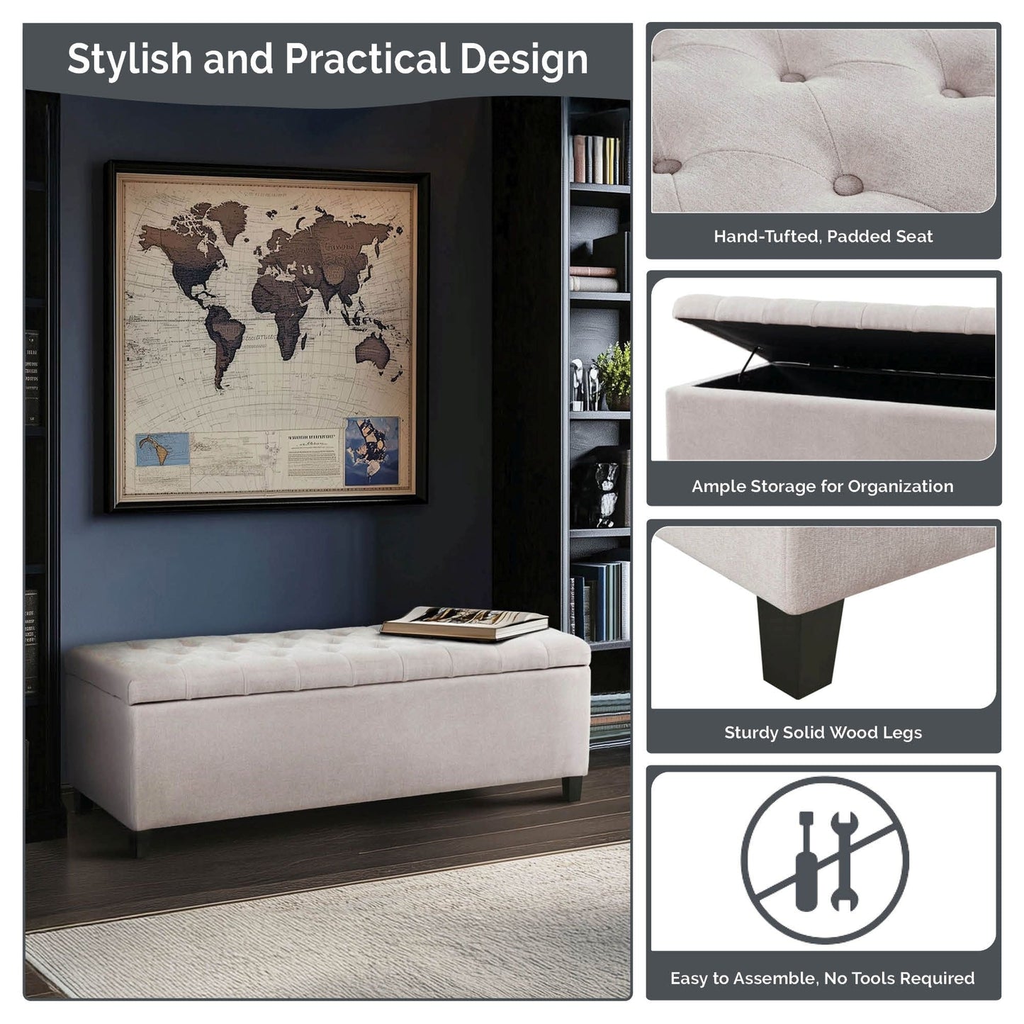 Banc de rangement rembourré à plateau capitonné Madison Park Sasha