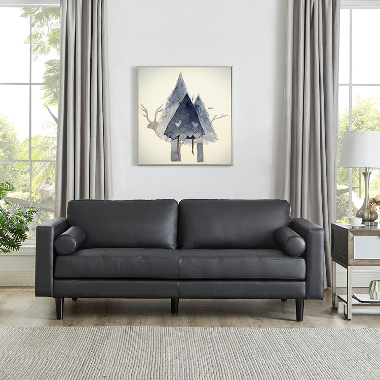 Canapé moderne en cuir véritable avec pieds en bois et coussin traversin supplémentaire