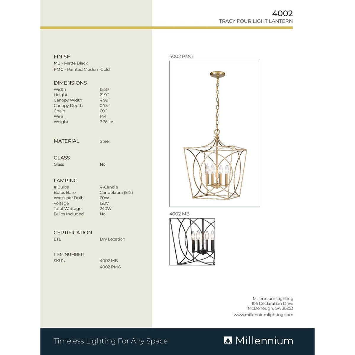 Luminaire suspendu Millennium Lighting Tracy à 4 lumières, disponible en plusieurs finitions