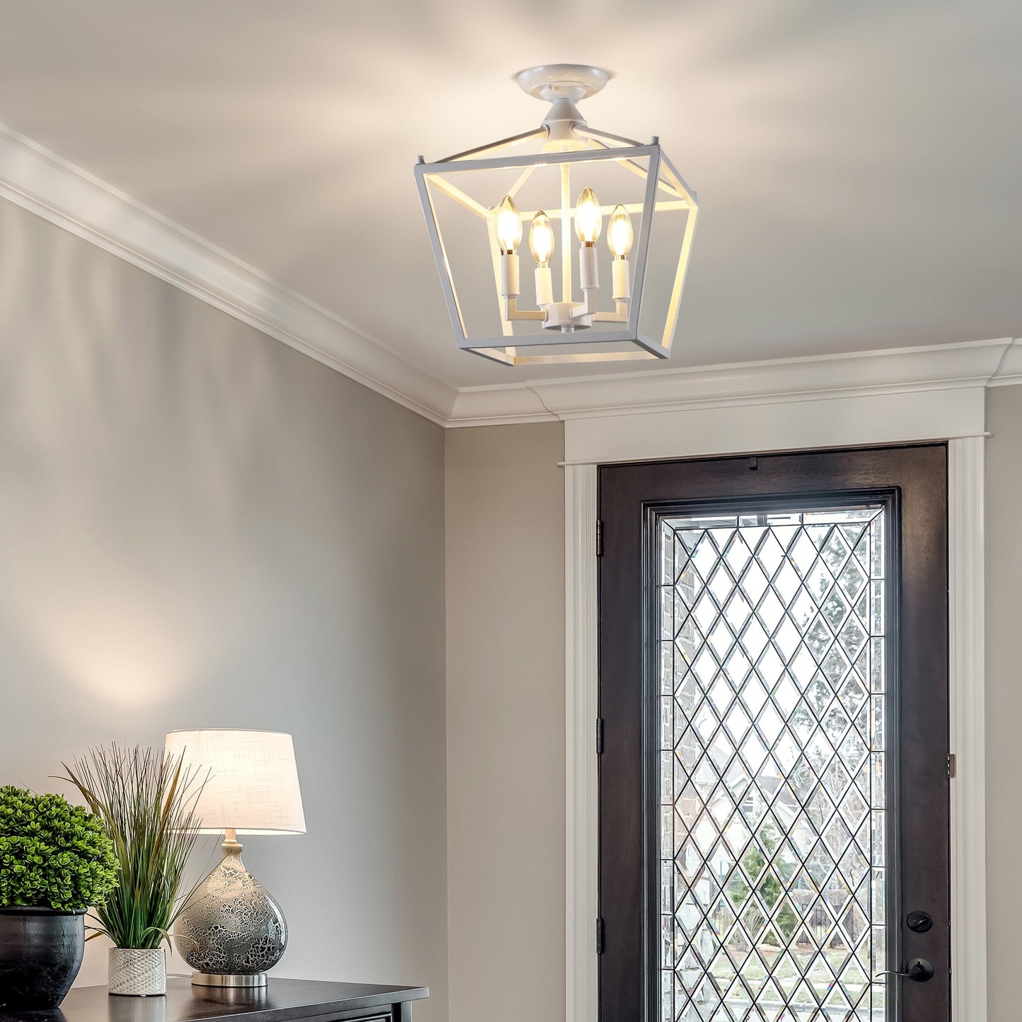 Milton Mini Lantern 4-Light Iron Modern Farmhouse LED Flush Mount, by JONATHAN Y