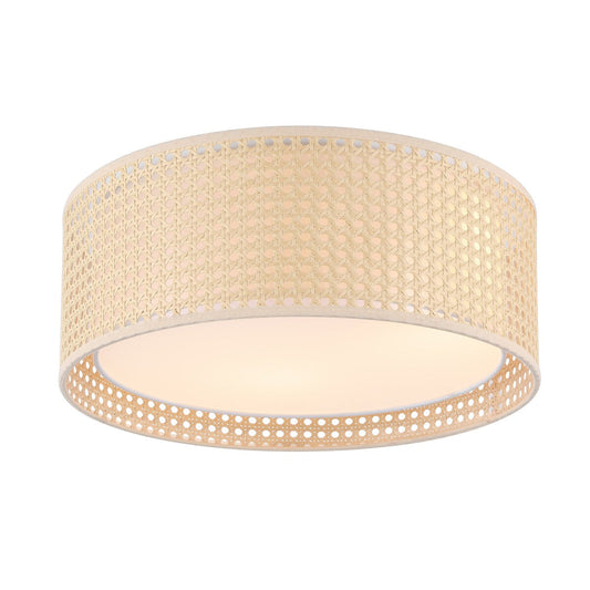 WINGBO Modern 3-Light Flush Mount Ceiling Light Fixture with Rattan & Fabric Double Drum Shade