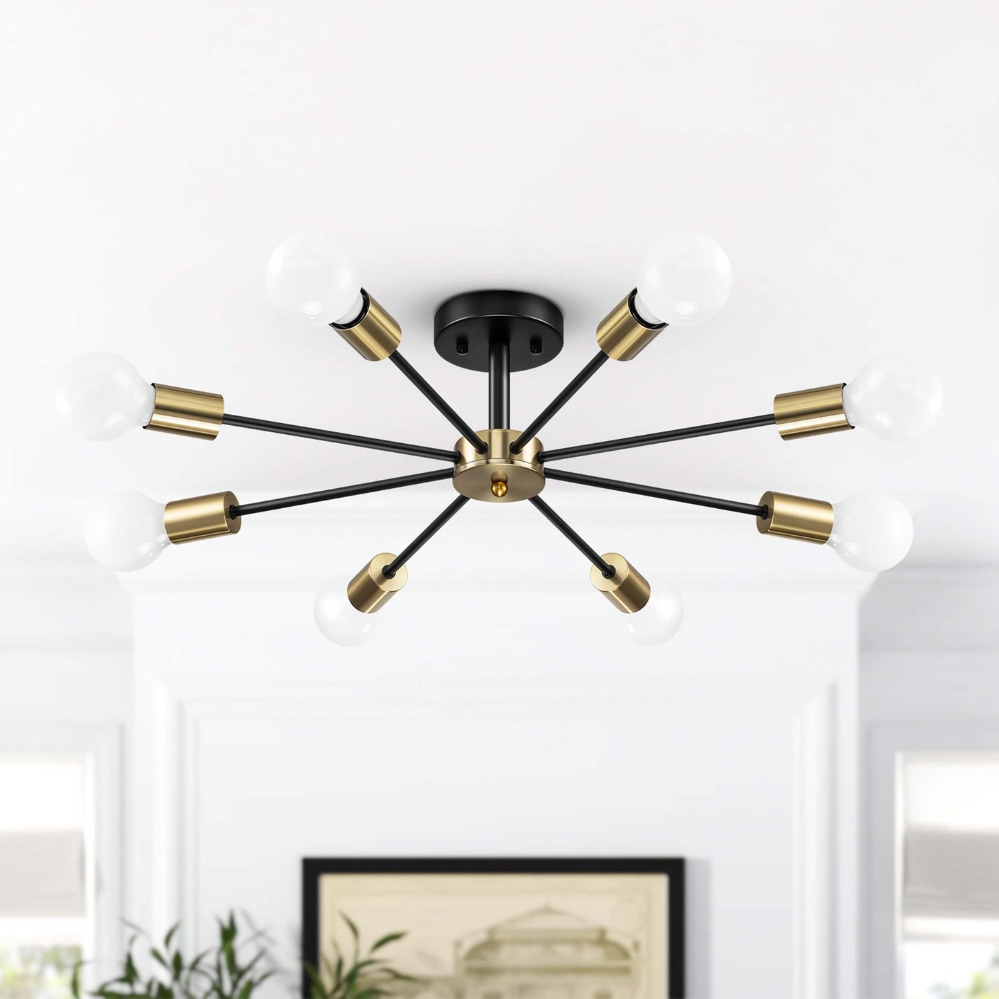 Black/ Gold Sputnik Semi Flush Mount Lamp Close to Ceiling Light Fixture for Living Room/ Kitchen/ Office/ Bedroom/ Foyer