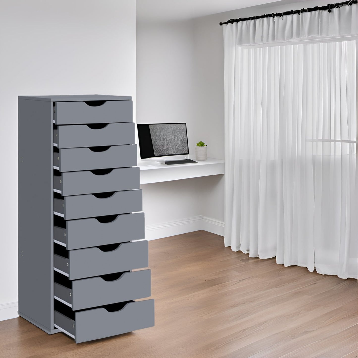 Armoire étroite en bois à 9 tiroirs avec tiroirs coulissants en douceur et étagère de rangement supérieure