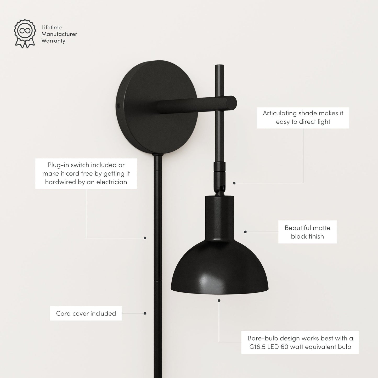 Nathan James Tamlin Wall Mounted Armed Sconce 1-Light Fixture with Plugin and On/Off Switch