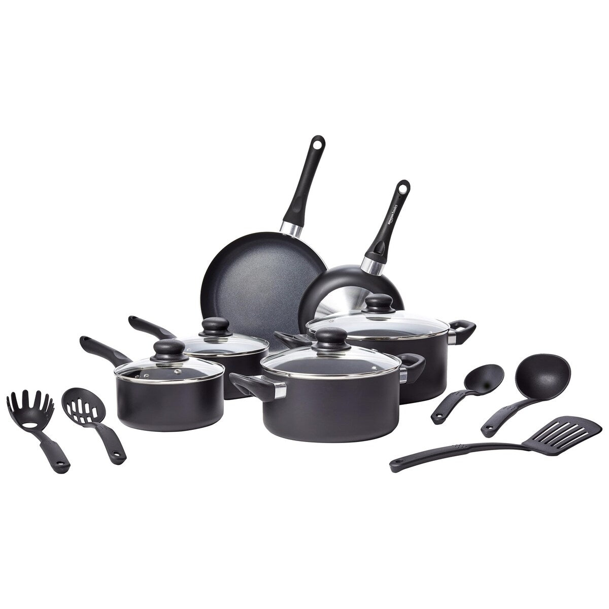 Batterie de cuisine antiadhésive 15 pièces, casseroles, poêles et ustensiles, noir