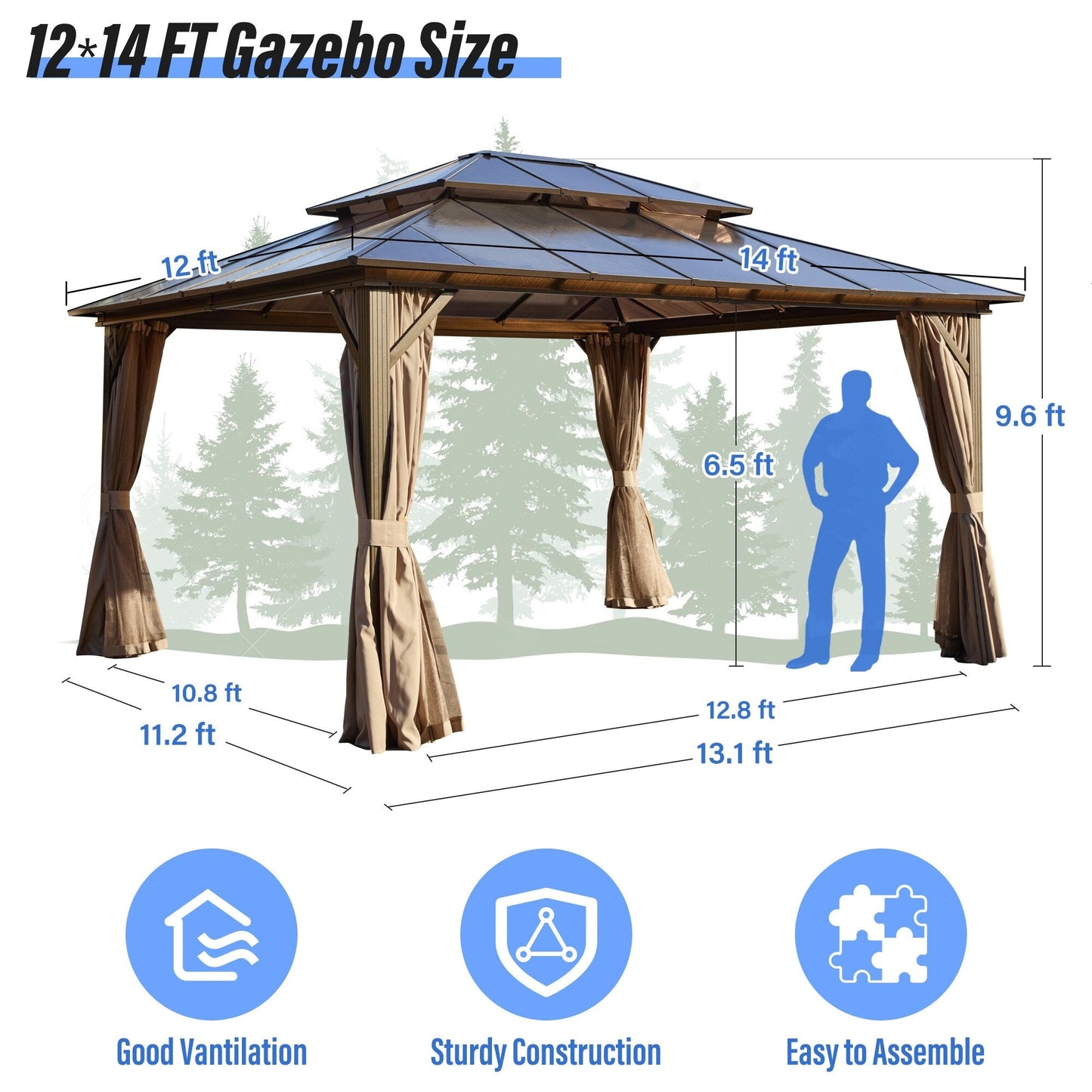 Gazebo à toit rigide EROMMY, pergola d'extérieur avec double toit, filet et rideaux, auvent robuste pour patio, arrière-cour, fête au bord de la piscine