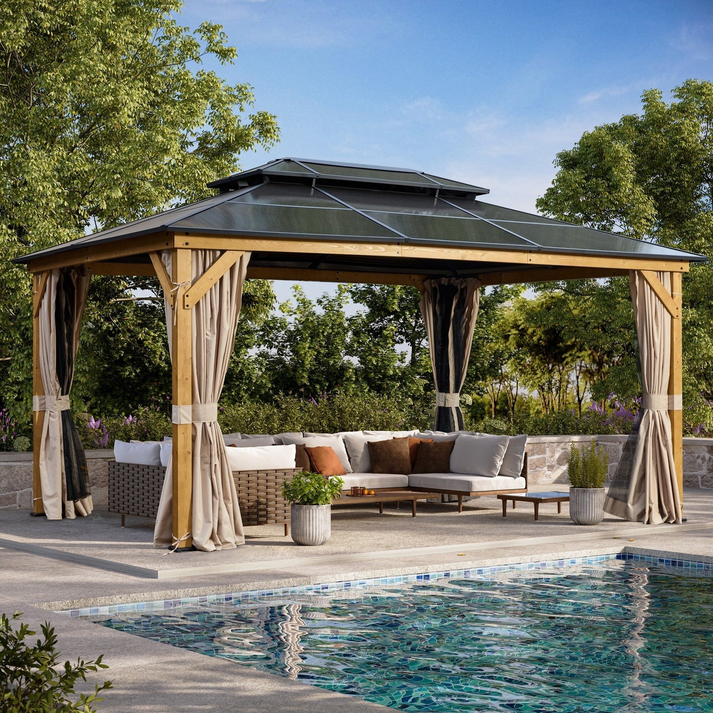 Gazebo à toit rigide EROMMY, pergola d'extérieur avec double toit, filet et rideaux, auvent robuste pour patio, arrière-cour, fête au bord de la piscine