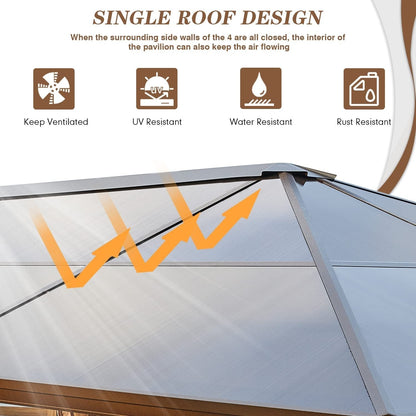 Gazebo à toit rigide EROMMY, pergola d'extérieur avec double toit, filet et rideaux, auvent robuste pour patio, arrière-cour, fête au bord de la piscine