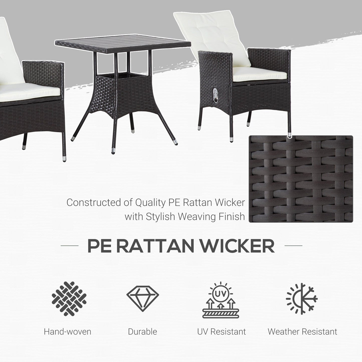 Ensemble de 3 canapés de patio Outsunny en rotin synthétique, chaises inclinables d'extérieur, table basse avec plateau en plastique grain de bois