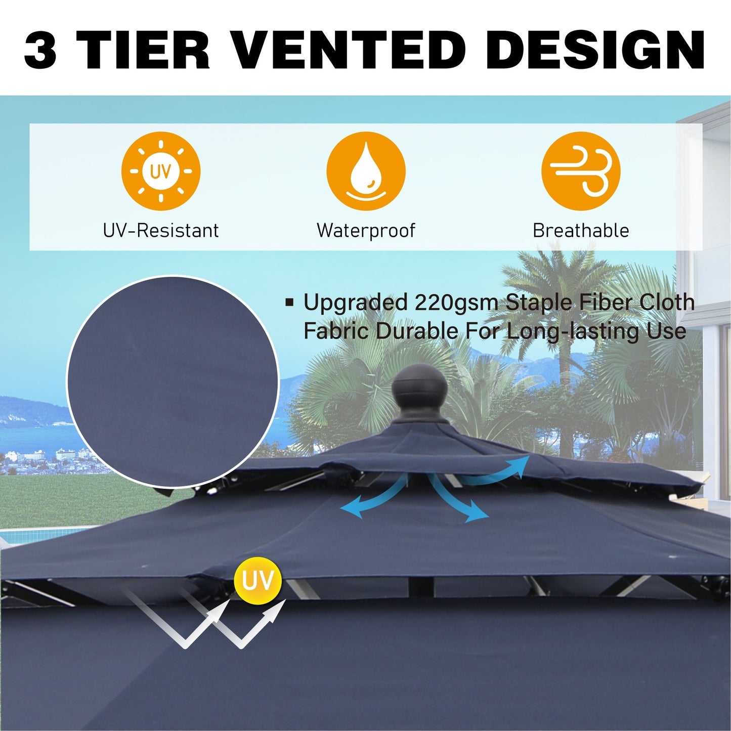 MAISON ARTS 10ft 3 Tiers Patio Outdoor Umbrella Matched with most Patio Table with Ventilation Auto-tilt and Crank Lift