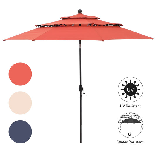 MAISON ARTS 10ft 3 Tiers Patio Outdoor Umbrella Matched with most Patio Table with Ventilation Auto-tilt and Crank Lift