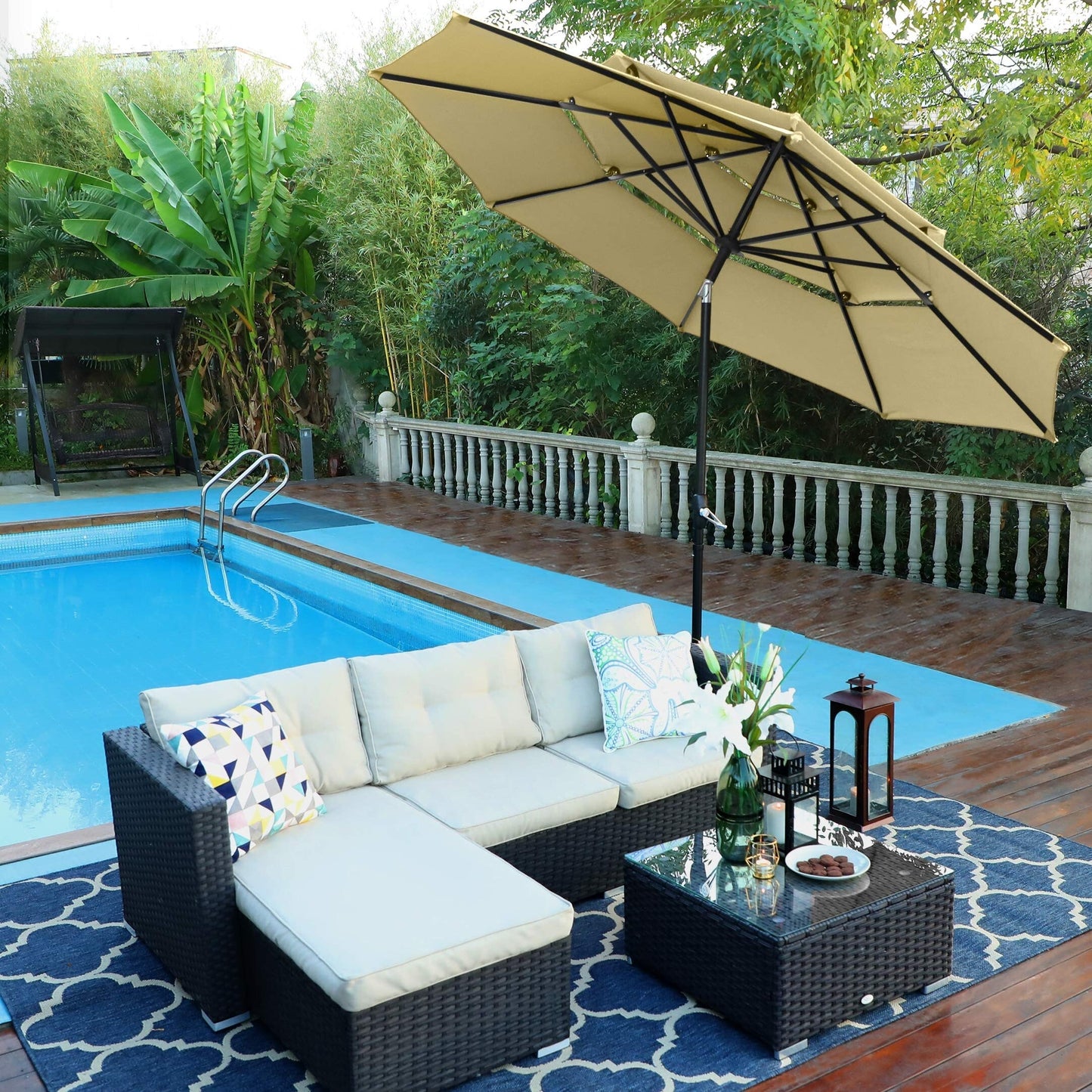 MAISON ARTS 10ft 3 Tiers Patio Outdoor Umbrella Matched with most Patio Table with Ventilation Auto-tilt and Crank Lift