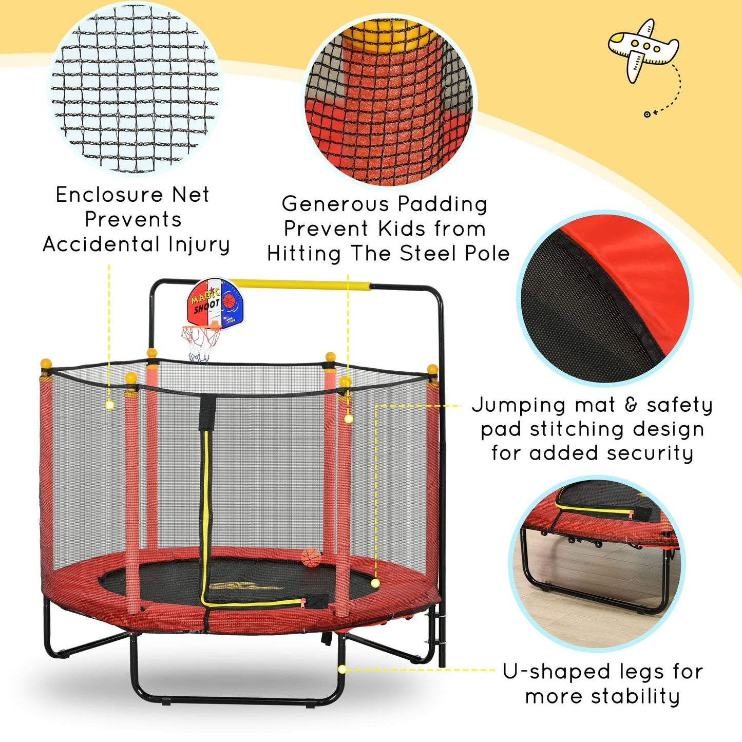Qaba 4.6' Kids Trampoline with Basketball Hoop, Horizontal Bar, 55 Indoor Trampoline with Net
