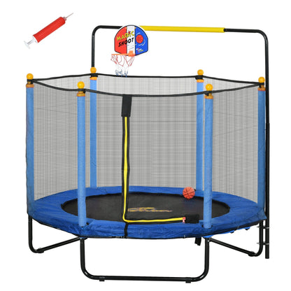 Qaba 4.6' Kids Trampoline with Basketball Hoop, Horizontal Bar, 55 Indoor Trampoline with Net